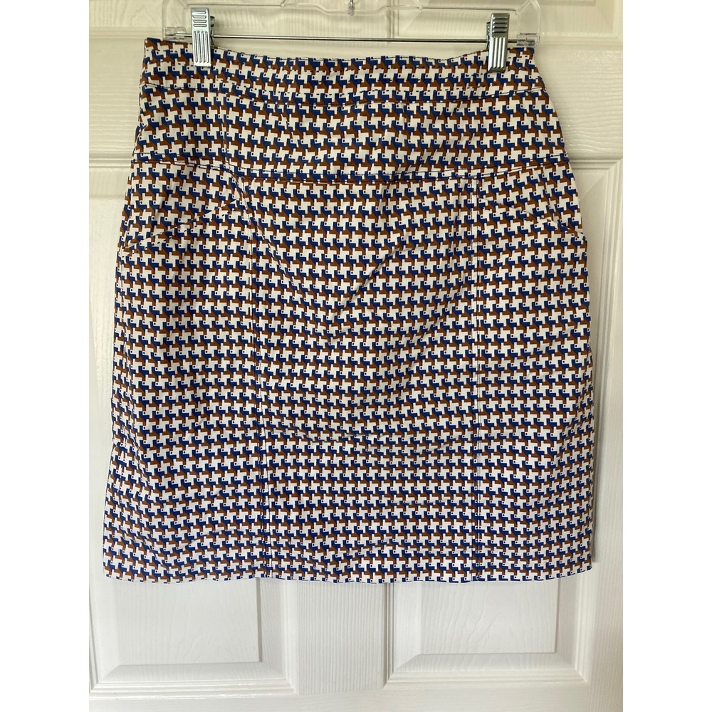 J.McLaughlin Women Blue Brown Geometric Print Mini Skirt 10 Stretch Preppy